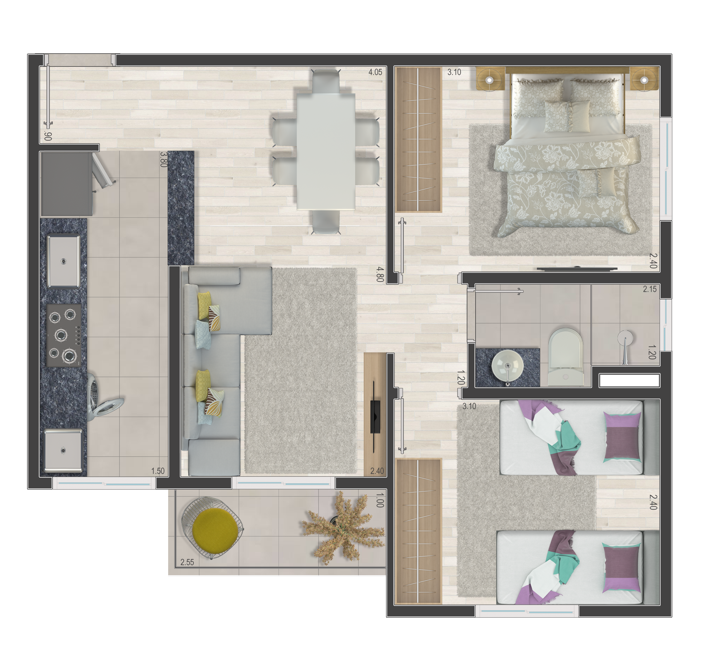 Planta 45m² - 2 Dormitórios